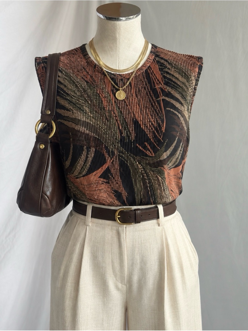 Vintage 90s Copper Black Micro Pleated Plissé Abstract Sleeveless Top |